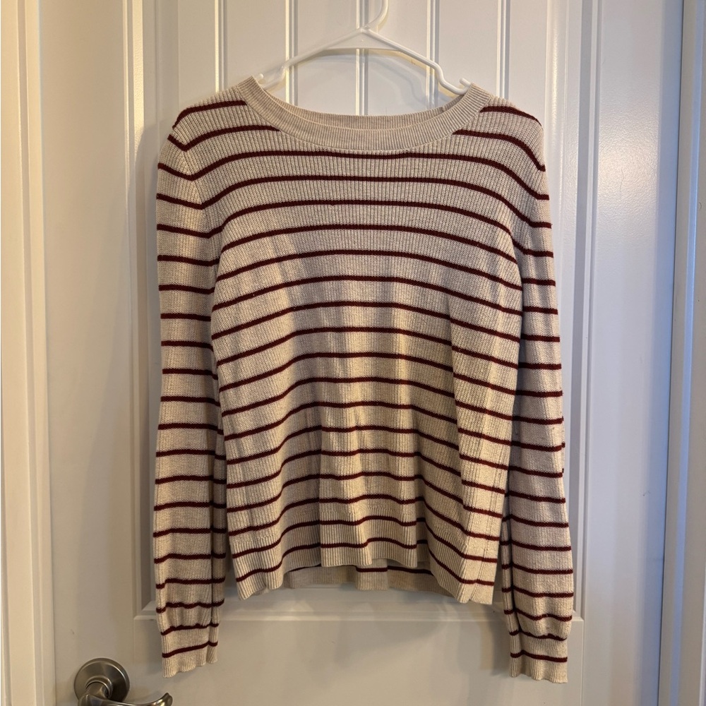 LOFT Burgundy and Cream Striped Sweater